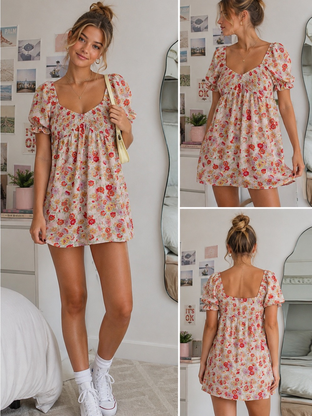 Miss Selfridge Floral Smocked Babydoll Mini Dress Puff Sleeve Cottagecore Boho 6
